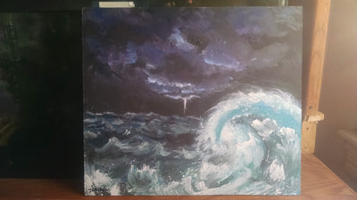 Acrylic painting - lightening storm water crashing waves