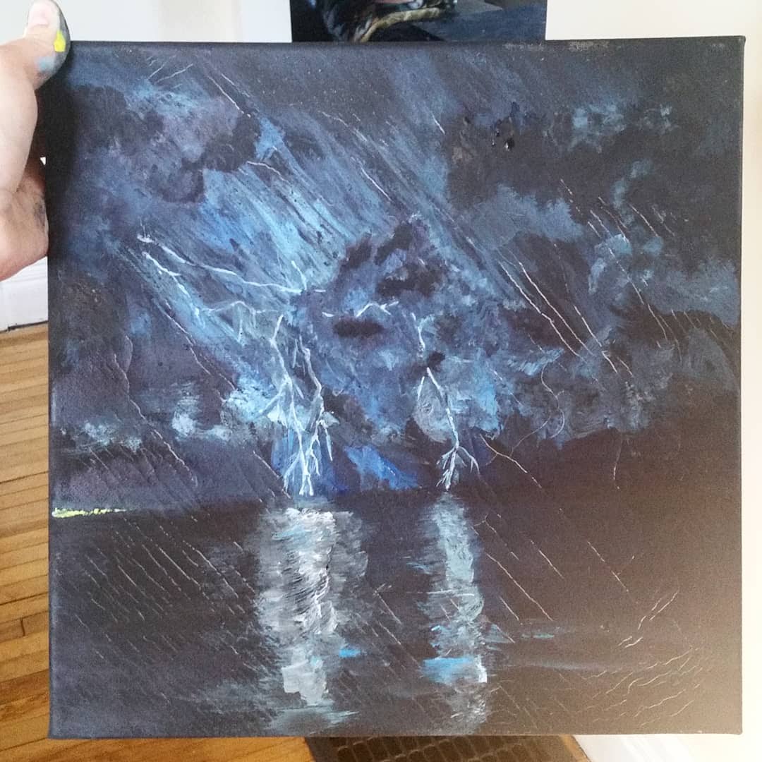 Acrylic painting - lightening storm over water